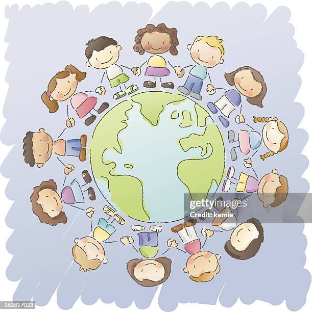 scribbles: one world - people holding hands around globe stock illustrations