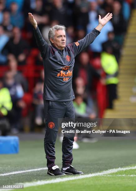 Manchester City Assistant Manager, Juanma Lillo, reacts during the Premier League match at Bramall Lane, Sheffield. Picture date: Sunday August 27,...