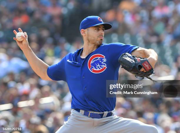 Julian Merryweather of the Chicago Cubs pitches during the game against the Detroit Tigers at Comerica Park on August 23, 2023 in Detroit, Michigan....