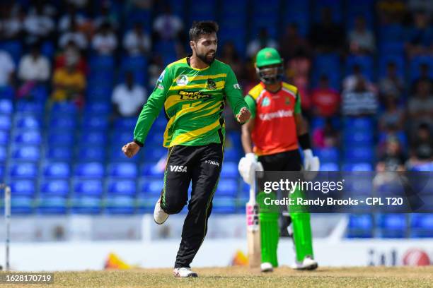 Mohammad Amir of Jamaica Tallawahs celebrates the dismissal of Saim Ayub of Guyana Amazon Warriors during the Men's 2023 Republic Bank Caribbean...