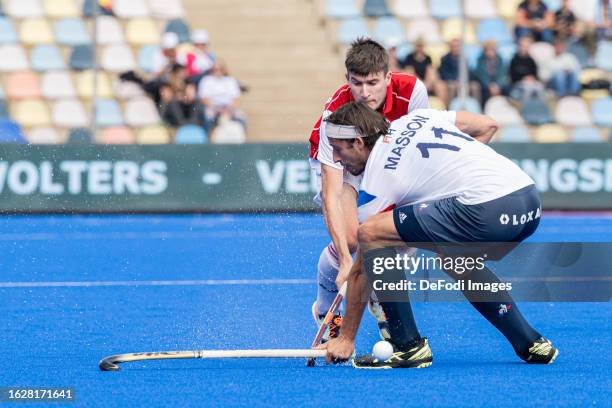 Charles Masson of France battle for the ball during the 2023 Men's EuroHockey Championship match between Austria vs France at Hockeypark on August...