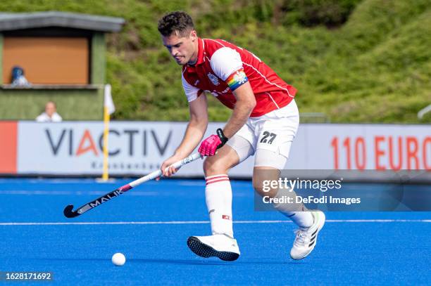 Xaver Hasun of Austria controls the ball during the 2023 Men's EuroHockey Championship match between Austria vs France at Hockeypark on August 27,...