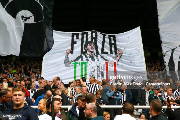 Newcastle United fans during the Premier League match between Newcastle United and Liverpool FC at St. James Park on August 27, 2023 in Newcastle...