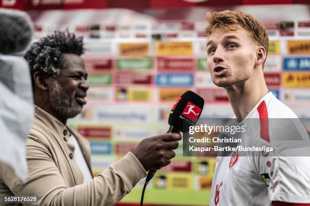 Sepp Van Den Berg of 1. FSV Mainz 05 is seen in an interview after the Bundesliga match between 1. FSV Mainz 05 and Eintracht Frankfurt at MEWA Arena...