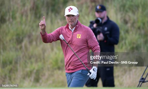 Matt Jones of Australia chips in to take it to a fourth play off during a St Andrews Bay Championships at the Fairmont, on August 27 in St Andrews,...