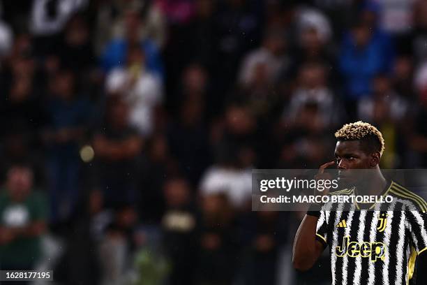 Juventus French midfielder Paul Pogba gestures during the Italian Serie A football match Juventus vs Bologna on August 27, 2023 at the "Allianz...