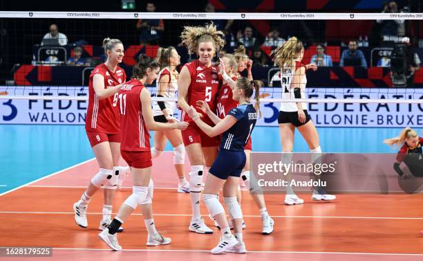 Players of Poland and Germany compete during the CEV EuroVolley 2023 Women last 16 round match between Poland and Germany at Brussels Expo in...