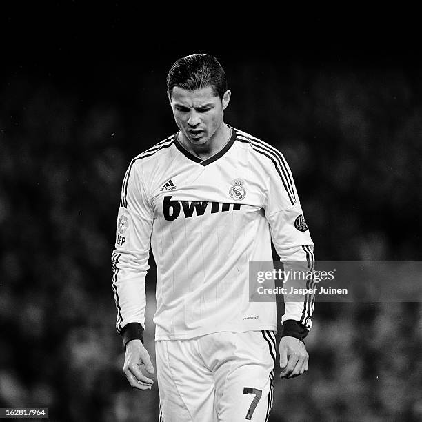 Cristiano Ronaldo of Real Madrid reacts during the Copa del Rey semi final second leg match between FC Barcelona and Real Madrid CF at the Camp Nou...