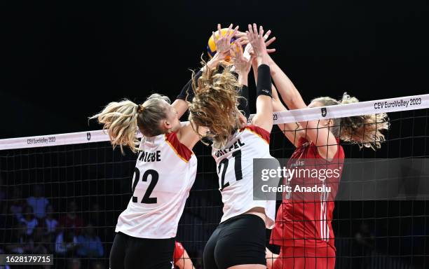 Players of Poland and Germany compete during the CEV EuroVolley 2023 Women last 16 round match between Poland and Germany at Brussels Expo in...