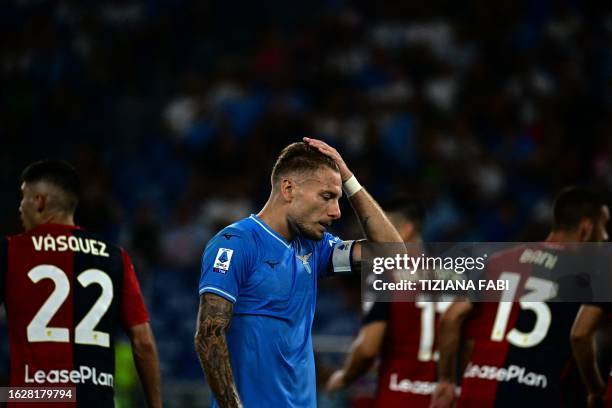 Lazio's Italian forward Ciro Immobile reacts during the Italian Serie A football match Lazio vs Genoa on August 27, 2023 at the Olympic stadium in...