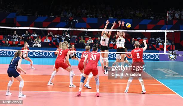 Players of Poland and Germany compete during the CEV EuroVolley 2023 Women last 16 round match between Poland and Germany at Brussels Expo in...