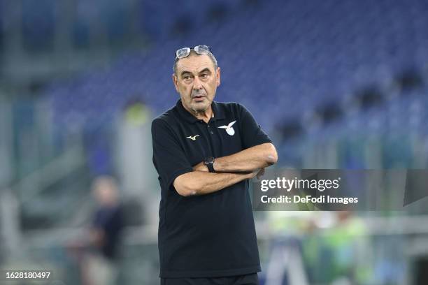 Head Coach Maurizio Sarri of SS Lazio looks dejected during the Serie A TIM match between SS Lazio and Genoa CFC at Stadio Olimpico on August 27,...