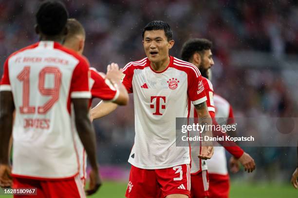 Min-jae Kim of München reacts during the Bundesliga match between FC Bayern München and FC Augsburg at Allianz Arena on August 27, 2023 in Munich,...