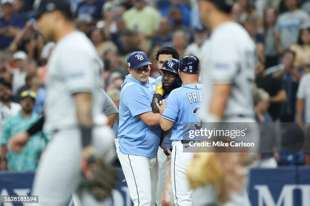 On field delay after Randy Arozarena of the Tampa Bay Rays is hit by a pitch from Albert Abreu of the New York Yankees in the eighth inning during...