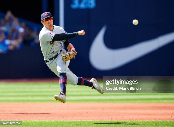 Tyler Freeman of the Cleveland Guardians plays a ball against the Toronto Blue Jays during the sixth inning in their MLB game at the Rogers Centre on...