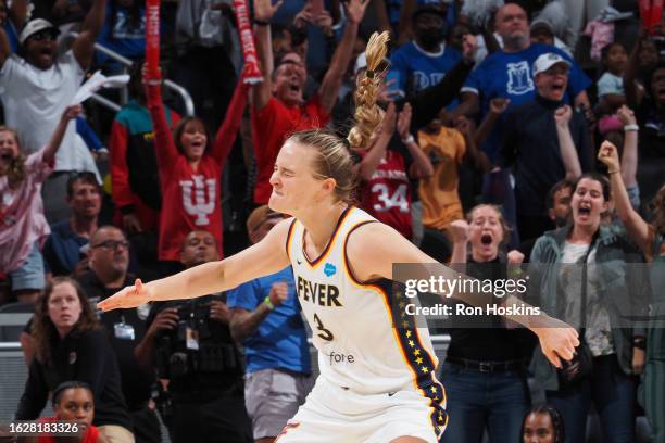 Kristy Wallace of the Indiana Fever celebrates during the game against the Atlanta Dream on August 27, 2023 at Gainbridge Fieldhouse in Indianapolis,...