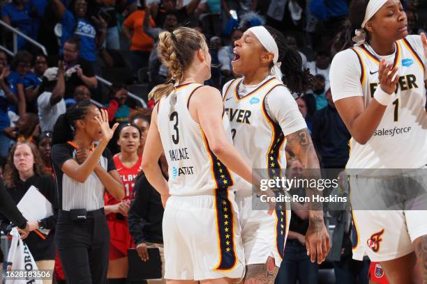 Kristy Wallace of the Indiana Fever celebrates during the game against the Atlanta Dream on August 27, 2023 at Gainbridge Fieldhouse in Indianapolis,...