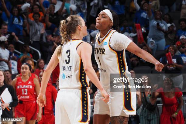 Kristy Wallace of the Indiana Fever celebrates during the game against the Atlanta Dream on August 27, 2023 at Gainbridge Fieldhouse in Indianapolis,...