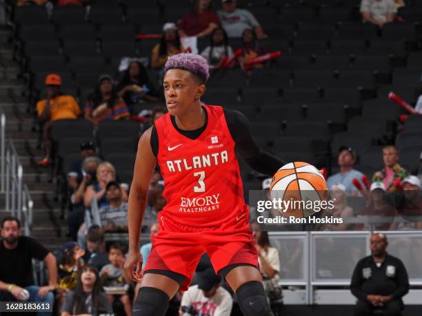 Danielle Robinson of the Atlanta Dream dribbles the ball during the game against the Indiana Fever on August 27, 2023 at Gainbridge Fieldhouse in...