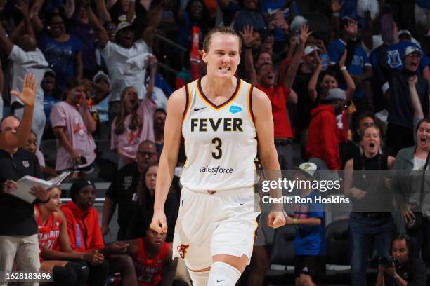 Kristy Wallace of the Indiana Fever celebrates during the game against the Atlanta Dream on August 27, 2023 at Gainbridge Fieldhouse in Indianapolis,...