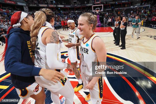 Kristy Wallace of the Indiana Fever celebrates after the game against the Atlanta Dream on August 27, 2023 at Gainbridge Fieldhouse in Indianapolis,...