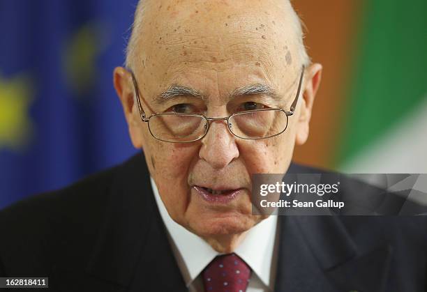 Italian President Giorgio Napolitano arrives at Schloss Bellevue palace to meet with German President Joachim Gauck on February 28, 2013 in Berlin,...