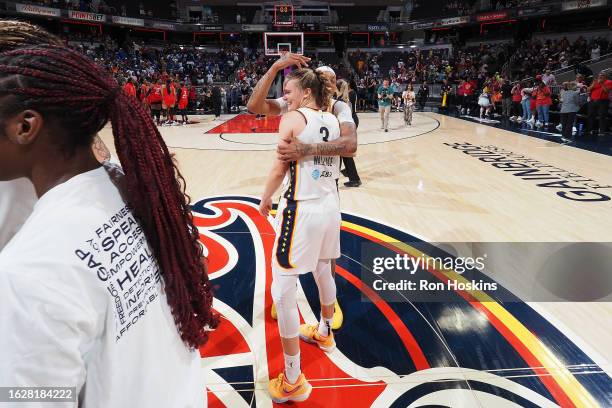 Kristy Wallace of the Indiana Fever celebrates after the game against the Atlanta Dream on August 27, 2023 at Gainbridge Fieldhouse in Indianapolis,...