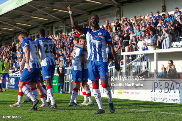 Mani Dieseruvwe celebrates after scoring Hartlepool United's their third goal during the Vanarama National League match between Hartlepool United and...