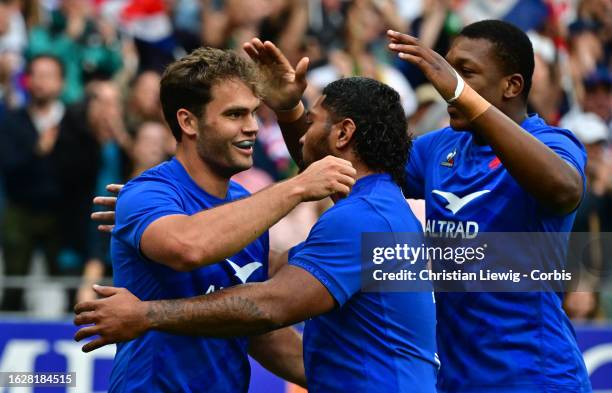 Damian Penaud score try celebrate of France in action during the match between France and Australia at Stade de France on August 27, 2023 in Paris,...