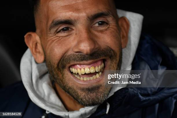Carlos Tevez coach of Independiente smiles prior to a Liga Profesional 2023 match between Independiente and Velez at Estadio Libertadores de America...