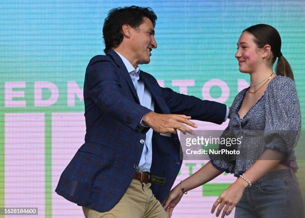 Canadian PM Justin Trudeau with his daughter, Ella-Grace, at the 2023 Edmonton Pride Festival in Edmonton's Churchill Square, on August 26 in...
