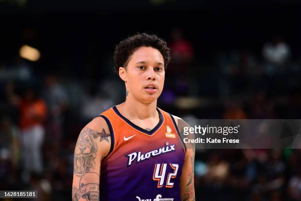 Brittney Griner of the Phoenix Mercury looks on during the game against the Dallas Wings on August 27, 2023 at Footprint Center in Phoenix, Arizona....