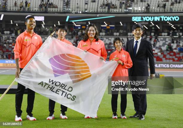 Japanese athletes Abdul Hakim Sani Brown, Kentaro Sato, Haruka Kitaguchi and Nozomi Tanaka join Mitsugi Ogata , president of the Japan Association of...