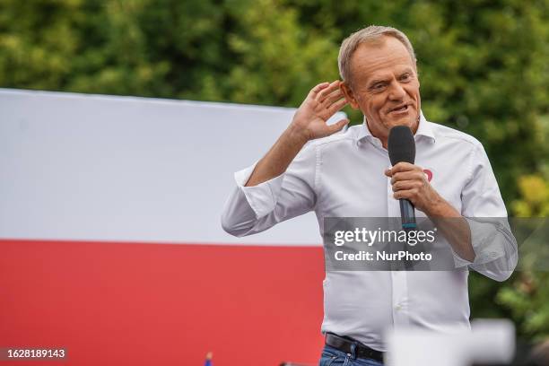 Leader of the democratic opposition Donald Tusk is seen in Sopot, Poland on 27 August 2023 Tusk at a pre-election rally, he encouraged thousands of...