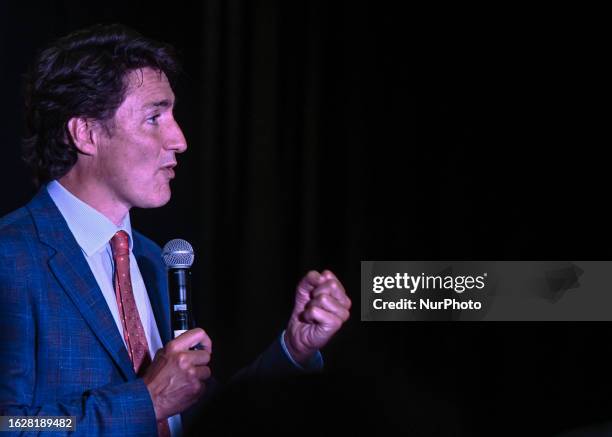 Canadian PM Justin Trudeau addresses local Liberal Party supporters at a private fundraiser organized in the Edmonton Convention Center, on August 26...