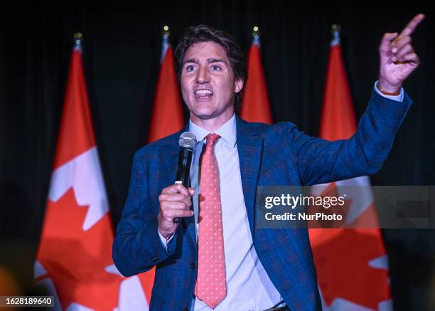 Canadian PM Justin Trudeau addresses local Liberal Party supporters at a private fundraiser organized in the Edmonton Convention Center, on August 26...
