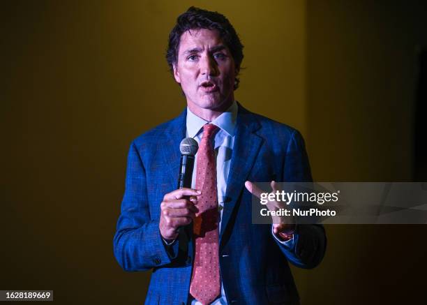 Canadian PM Justin Trudeau addresses local Liberal Party supporters at a private fundraiser organized in the Edmonton Convention Center, on August 26...