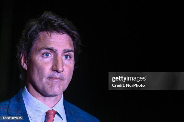 Canadian PM Justin Trudeau addresses local Liberal Party supporters at a private fundraiser organized in the Edmonton Convention Center, on August 26...