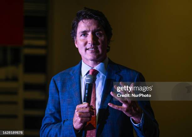 Canadian PM Justin Trudeau addresses local Liberal Party supporters at a private fundraiser organized in the Edmonton Convention Center, on August 26...