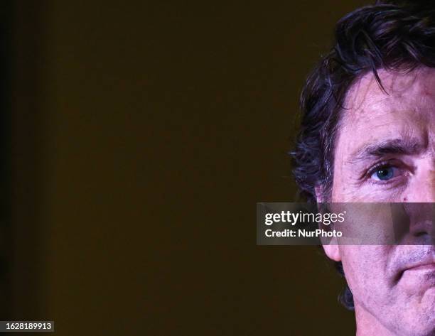 Canadian PM Justin Trudeau addresses local Liberal Party supporters at a private fundraiser organized in the Edmonton Convention Center, on August 26...