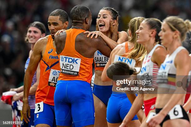 Ramsey Angela of the Netherlands, Terrence Agard of the Netherlands, Eveline Saalberg of the Netherlands celebrating gold medal competing in 4x400m...