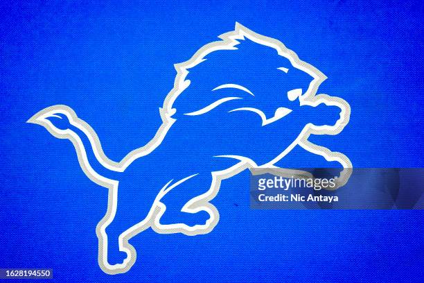 The Detroit Lions logo is pictured during the preseason game against the Jacksonville Jaguars at Ford Field on August 19, 2023 in Detroit, Michigan.