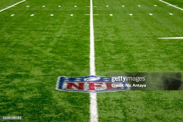 The NFL logo is pictured during the preseason game between the Detroit Lions and Jacksonville Jaguars at Ford Field on August 19, 2023 in Detroit,...