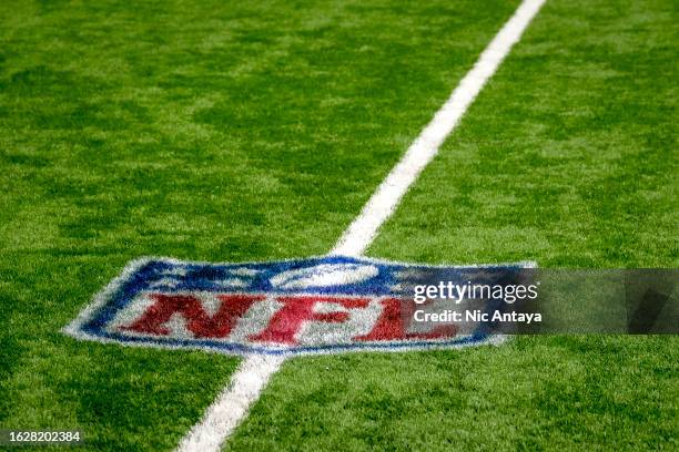 The NFL logo is pictured during the preseason game between the Detroit Lions and Jacksonville Jaguars at Ford Field on August 19, 2023 in Detroit,...