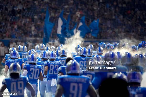 The Detroit Lions take the field against the Jacksonville Jaguars before the preseason game at Ford Field on August 19, 2023 in Detroit, Michigan.
