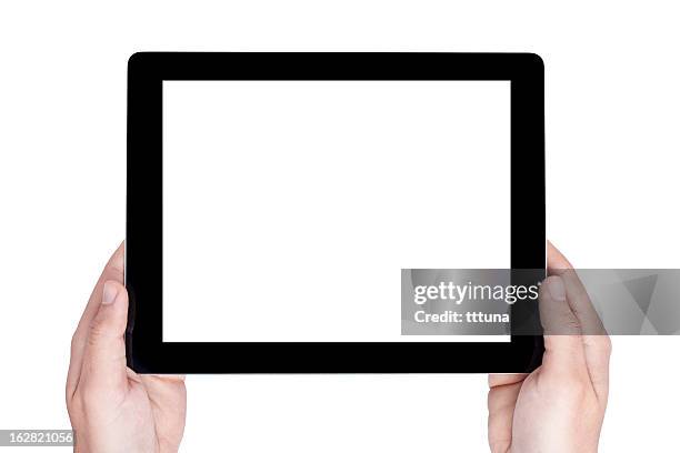 hand hold digital tablet, cut out on white background - man ipad isolated stock pictures, royalty-free photos & images