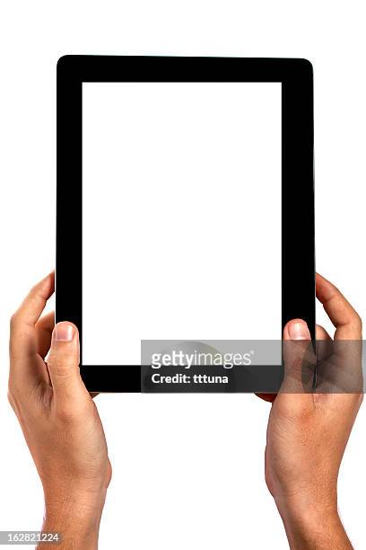 hand hold digital tablet, cut out on white background - digital tablet on white stock pictures, royalty-free photos & images