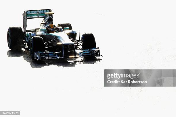 Lewis Hamilton of Great Britain and Mercedes GP drives during day one of Formula One winter test at the Circuit de Catalunya on February 28, 2013 in...