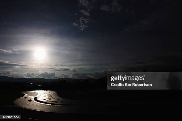General view as cars hit the track at the start of day one of Formula One winter test at the Circuit de Catalunya on February 28, 2013 in Montmelo,...