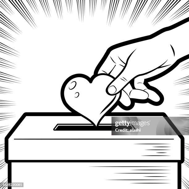 a human hand putting love into a donation box in the background with radial manga speed lines - philanthropist stock illustrations